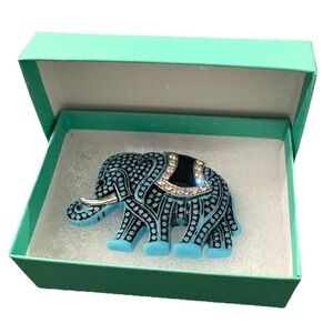 Vintage Blue Enamel Elephant Brooch Rhinestone Saddle Black Accents Statement